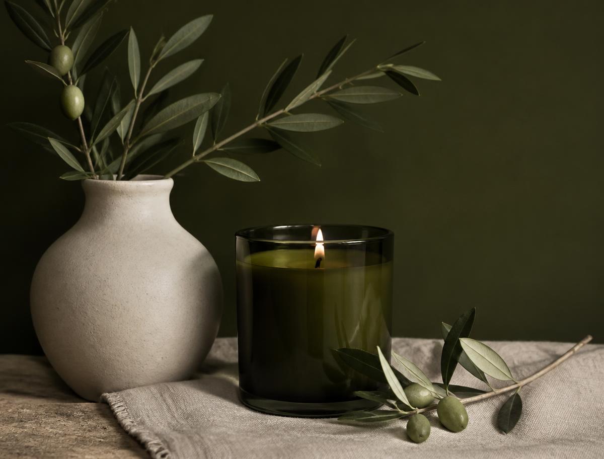 شمع معطر و شاخه زیتون روی میز چوبی